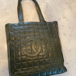Vintage Chanel Olive Green Lambskin Quilted Tote Bag with CC Logo